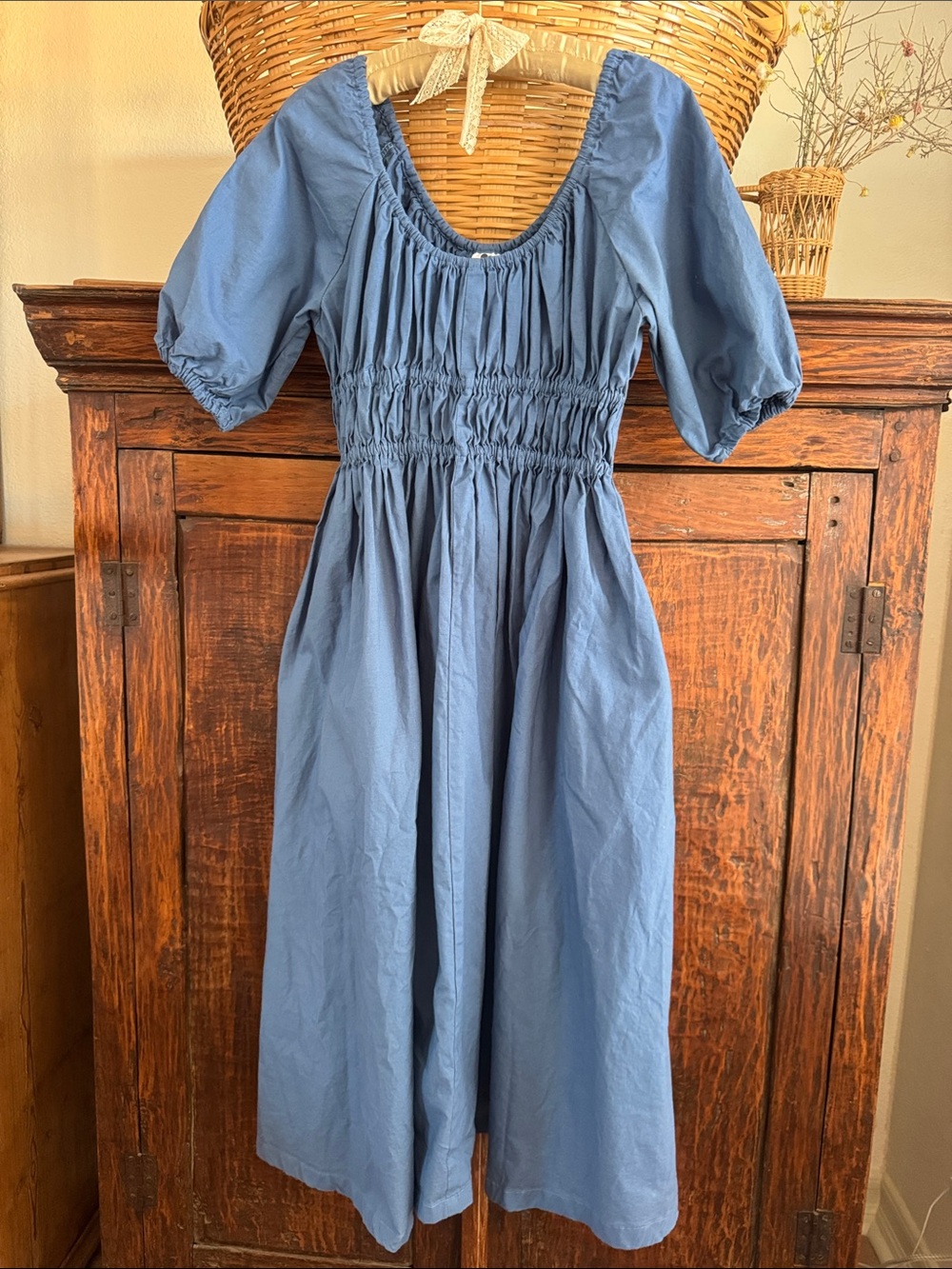 Made to Order Isabella Eve Ruby Dress Smocked Puff-Sleeve Midi Dress Blue Large